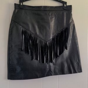Fringed faux-leather biker black mini skirt, size 6